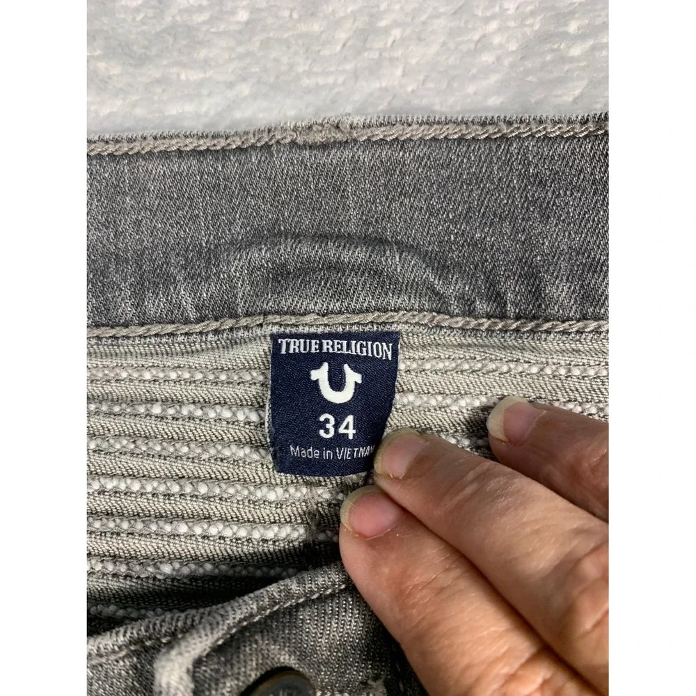 True Religion Biker Jeans Geno Mens 34x34 Gray Denim Moto ribbed knees